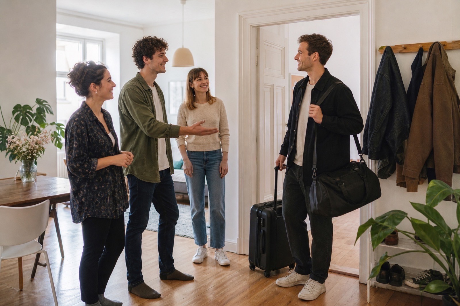 Drei Menschen begrüßen jemanden mit Gepäck an der Wohnungstür. KI-generiertes Bild.
